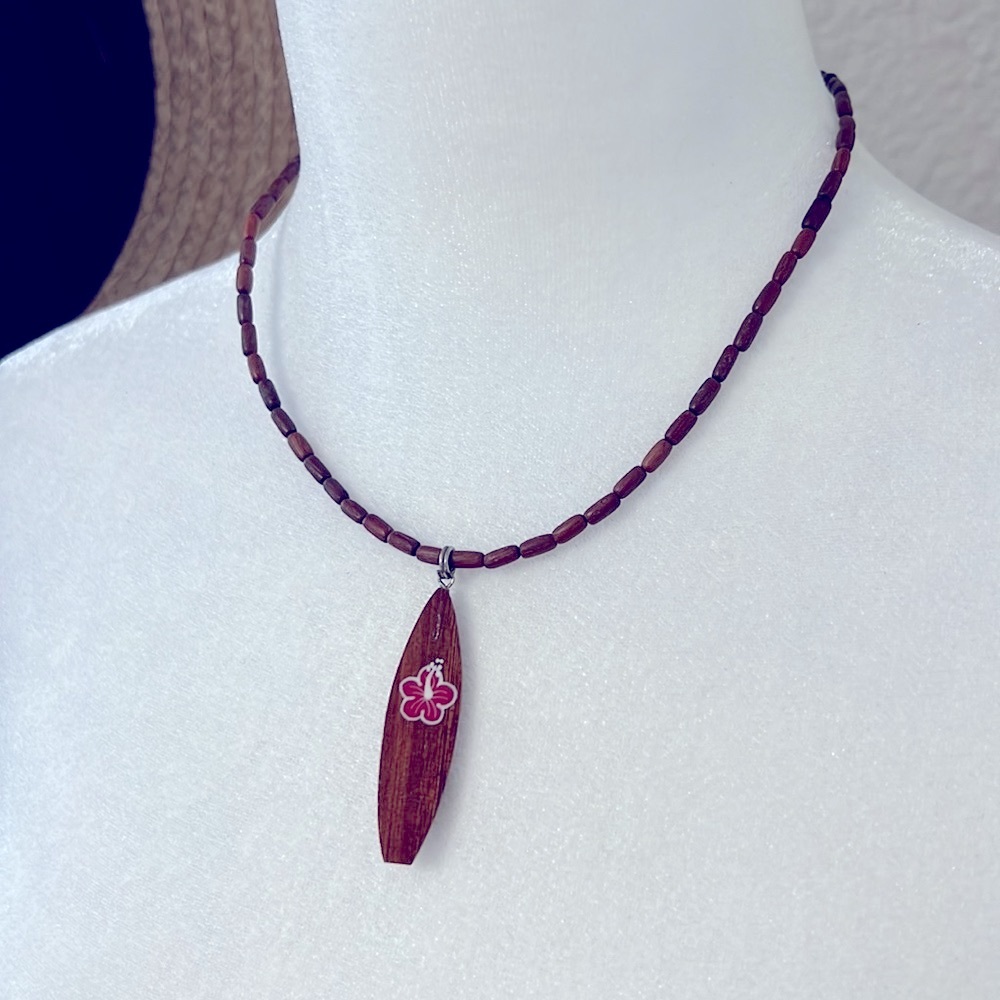 Surfboard Wooden Beaded Necklace Painted Pink Tropical Hibiscus Flower Pendant